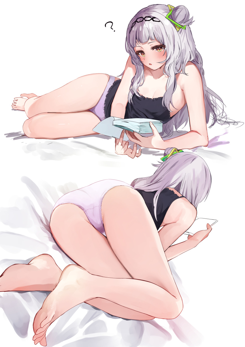 ? absurdres arm_support ass bare_arms bare_legs barefoot black_camisole blush camisole collarbone feet grey_hair hair_bun highres hololive long_hair looking_at_viewer lying multiple_views murasaki_shion namama_(namama82) on_side panties pink_panties single_side_bun underwear virtual_youtuber yellow_eyes