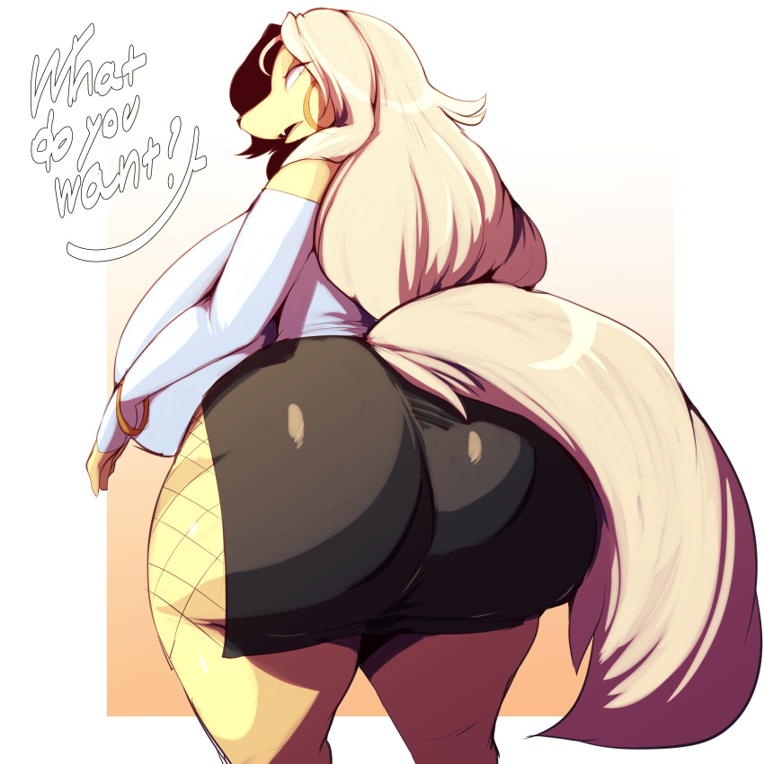 absurd_res annoyed anthro big_breasts big_butt blonde_hair bottomwear bracelet breasts butt canid canine canis clothing domestic_dog ear_piercing ear_ring english_text female hair hi_res huge_breasts huge_butt jewelry long_hair looking_at_viewer looking_back mammal piercing question_mark shirt skirt solo text thick_thighs tie_(l-a-v) topwear trinity-fate62 wide_hips yellow_body