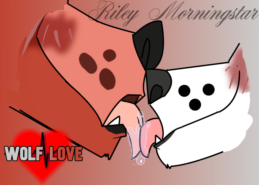 anthro blush bodily_fluids canid canine canis digital_drawing_(artwork) digital_media_(artwork) dripping duo english_text five_nights_at_freddy's fox foxy_(fnaf) french_kissing hi_res kissing love male male/male mammal otto_wolf riley_morningstar saliva saliva_drip saliva_on_tongue scottgames simple_background text video_games wolf