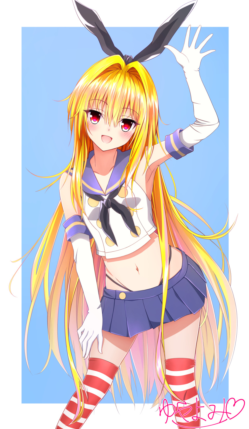 1girl :d armpits bangs black_bow black_neckerchief blonde_hair blue_background blue_sailor_collar blue_skirt blush border bow breasts collared_shirt contrapposto cosplay elbow_gloves eyebrows_visible_through_hair floating_hair gloves groin hair_between_eyes hair_bow hair_intakes hand_on_lap highleg highleg_panties highres kantai_collection konjiki_no_yami long_hair looking_at_viewer midriff miniskirt navel neckerchief open_mouth outside_border panties pleated_skirt red_eyes red_legwear sailor_collar sailor_shirt shimakaze_(kancolle) shimakaze_(kancolle)_(cosplay) shiny shiny_hair shirt skirt sleeveless sleeveless_shirt small_breasts smile solo standing stomach striped striped_legwear thighhighs to_love-ru underwear very_long_hair white_border white_gloves white_shirt yuyayomi zettai_ryouiki