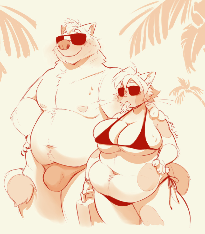 absurd_res anthro beach big_breasts bodily_fluids breasts bulge canid canine dessert domestic_cat duo enny_gima eyewear felid feline felis female food hi_res ice_cream kitty_kinkz_(artist) male mammal navel palm_tree plant raccoon_dog ruby_mello_(dynamitegrizzly) seaside slightly_chubby sunglasses sweat tail_around_partner tanuki trans_(lore) tree turkish_van