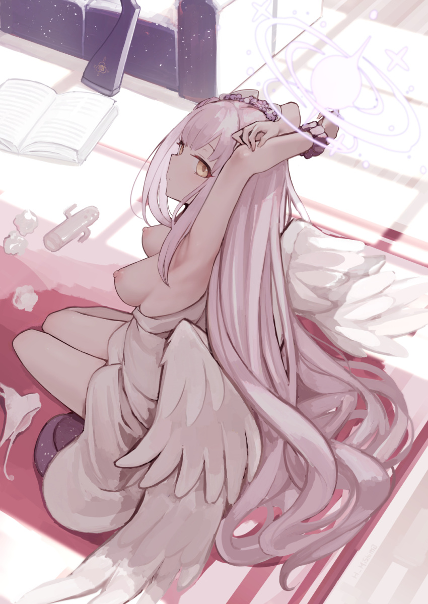 1girl armpits arms_up blue_archive book breasts feathered_wings flower hair_flower hair_ornament halo highres long_hair looking_at_viewer medium_breasts mika_(blue_archive) mishima_hiroji nipples open_book panties panties_removed pink_hair scrunchie sitting solo underwear used_tissue very_long_hair white_wings wings wrist_scrunchie yellow_eyes