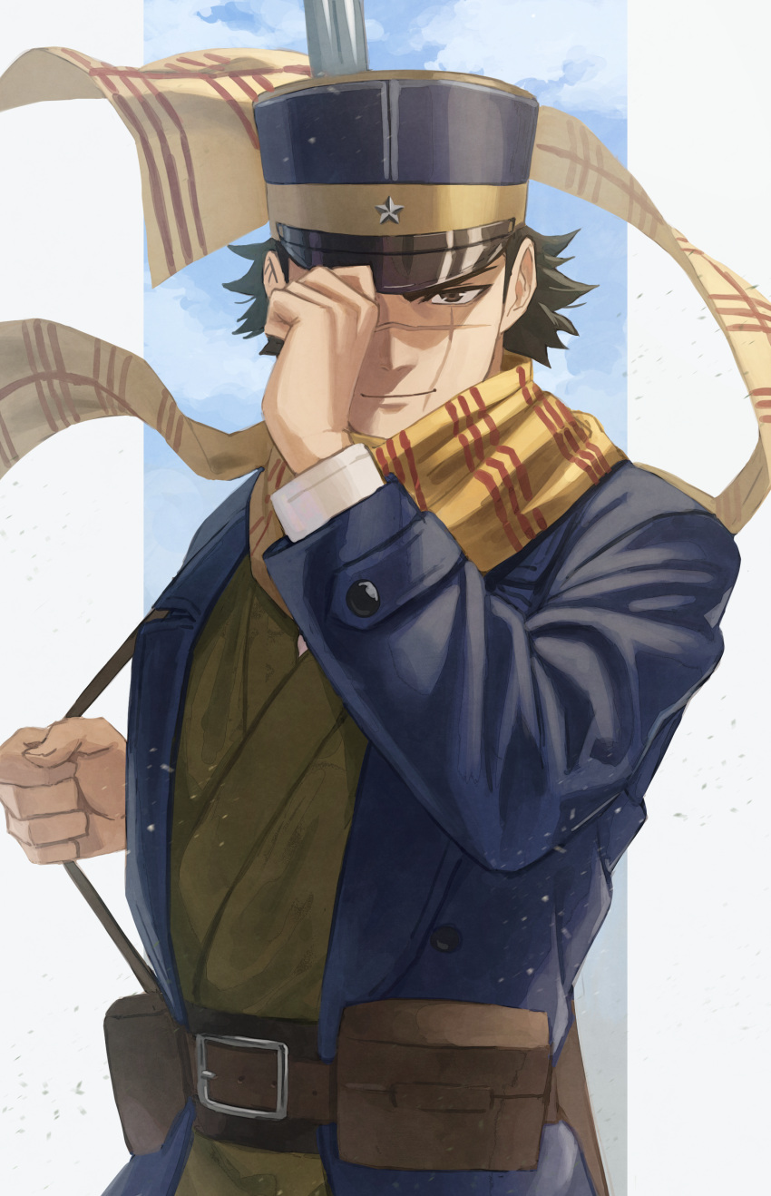 1boy absurdres black_headwear blue_coat brown_eyes brown_kimono closed_mouth coat golden_kamuy hara_kenshi hat highres japanese_clothes kimono long_sleeves looking_at_viewer male_focus military_hat open_clothes open_coat scar scar_on_cheek scar_on_face scarf smile solo sugimoto_saichi upper_body yellow_scarf