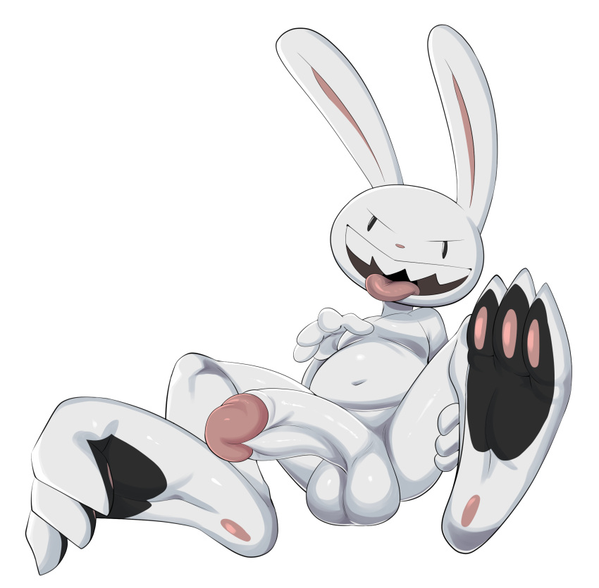 2022 3_toes 4_fingers anthro balls big_balls big_penis black_eyes black_pawpads chubby_anthro chubby_male dot_eyes feet fingers foot_focus genitals glans grin hi_res humanoid_genitalia humanoid_penis jerseydevil lagomorph leporid looking_at_viewer male mammal max_(sam_and_max) nude open_mouth pawpads penis pink_glans pink_inner_ear pink_nose pink_pawpads rabbit sam_and_max sharp_teeth simple_background sitting smile solo teeth thick_penis toe_curl toes tongue tongue_out white_background