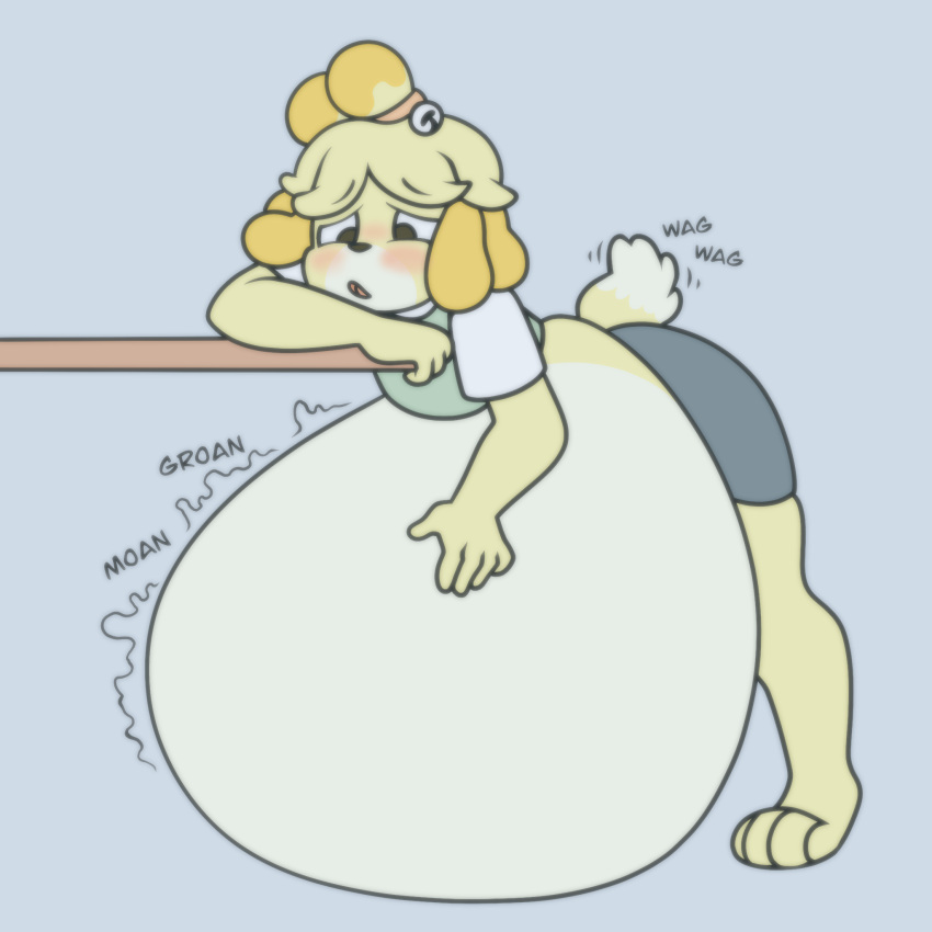 animal_crossing anthro belly belly_expansion belly_inflation big_belly canid canine canis domestic_dog expansion female hi_res hyper hyper_belly inflation isabelle_(animal_crossing) mammal nintendo pompuffy_(artist) solo video_games