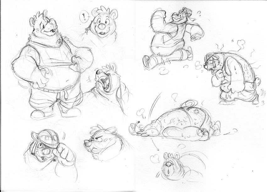 american_black_bear anthro armor belly big_belly black_bear bodily_fluids bottomwear breeze_in_the_clouds clothing concept_art hard_hat headgear helmet kermode_bear lying male mammal multiple_poses overweight overweight_male pants pile_(breeze_in_the_clouds) piti_yindee pose running shirt sketch solo sweat topwear ursid ursine