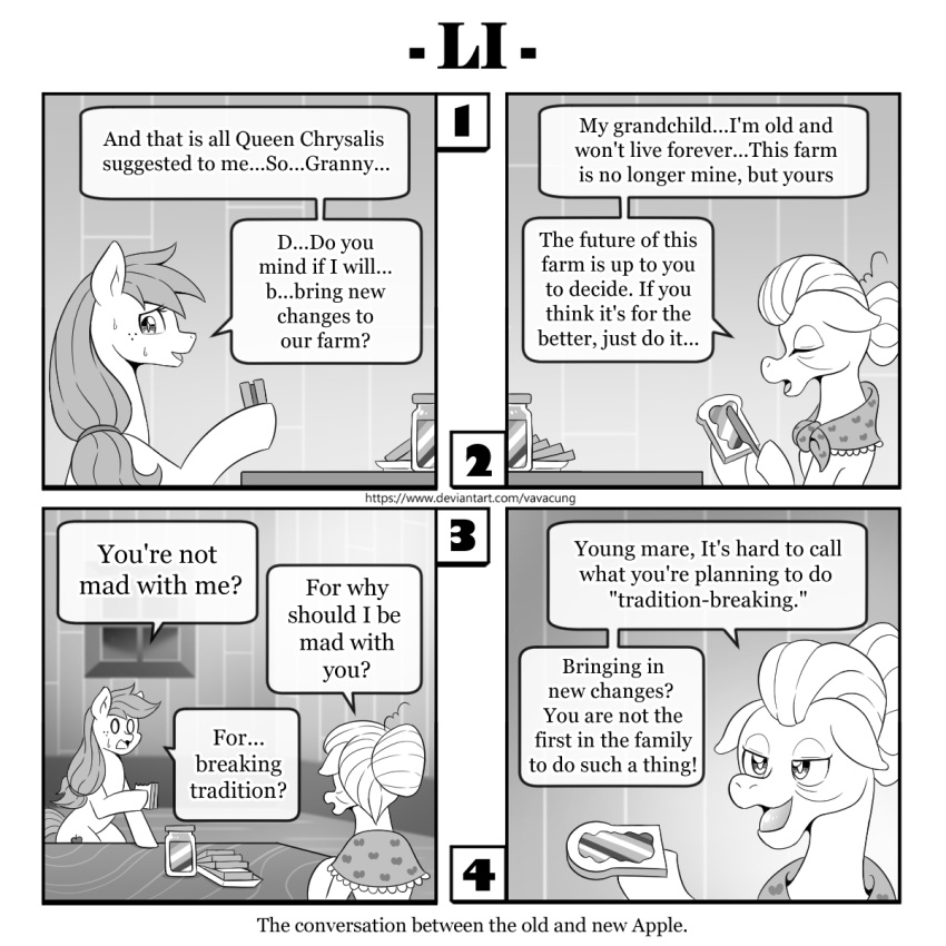 applejack_(mlp) bread comic dialogue english_text female food friendship_is_magic granny_smith_(mlp) hi_res jelly_(food) monochrome my_little_pony text vavacung zap_apple_jam