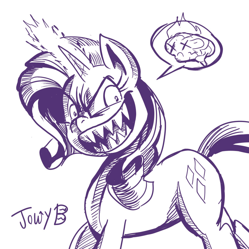 absurd_res brain equid equine evil_grin fire friendship_is_magic hasbro hi_res horn jowybean mammal monochrome my_little_pony open_mouth open_smile organs rarity_(mlp) sharp_teeth smile teeth unicorn x_x