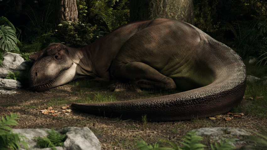 16:9 2022 3d_(artwork) 4k absurd_res albertosaurus ambiguous_gender brown_body brown_scales claws detailed_background digital_media_(artwork) dinosaur eyes_closed feral grass hi_res ivorylagiacrus lying on_ground outside plant reptile scales scalie sharp_teeth sleeping solo teeth theropod toe_claws tree tyrannosaurid widescreen