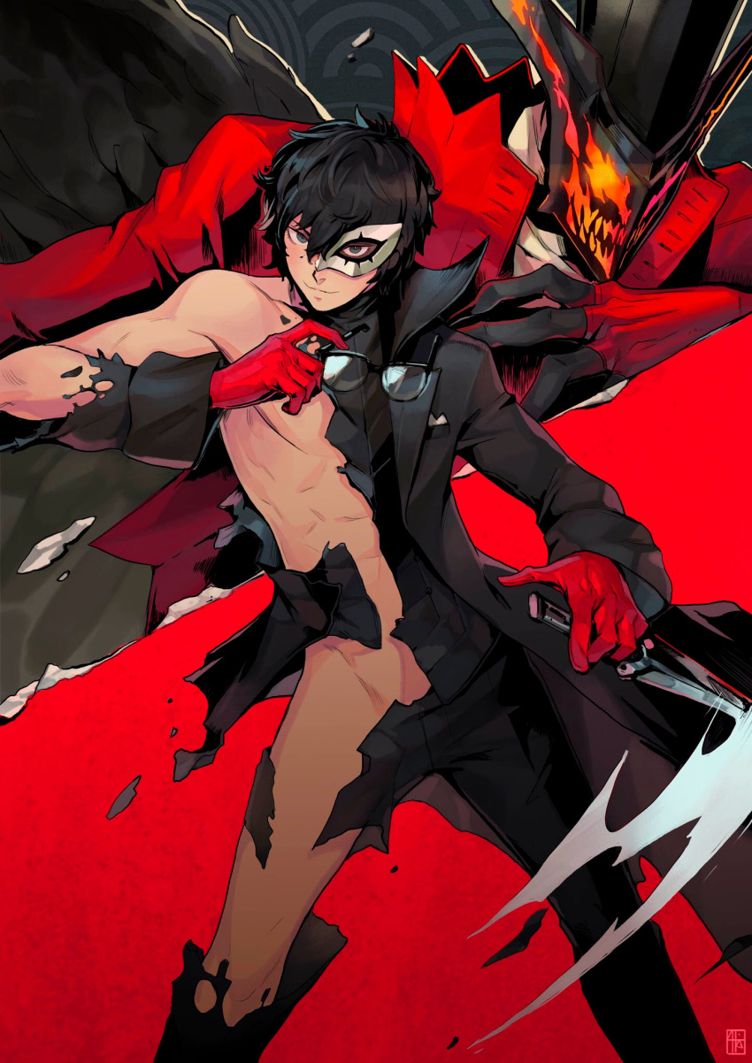 1boy alejandro_tio amamiya_ren arsene_(persona_5) artist_logo black_hair blue_eyes coat collared_coat glasses gloves highres knife looking_at_viewer male_focus mask messy_hair muscular muscular_male pants persona persona_5 shirt smirk torn_clothes weapon