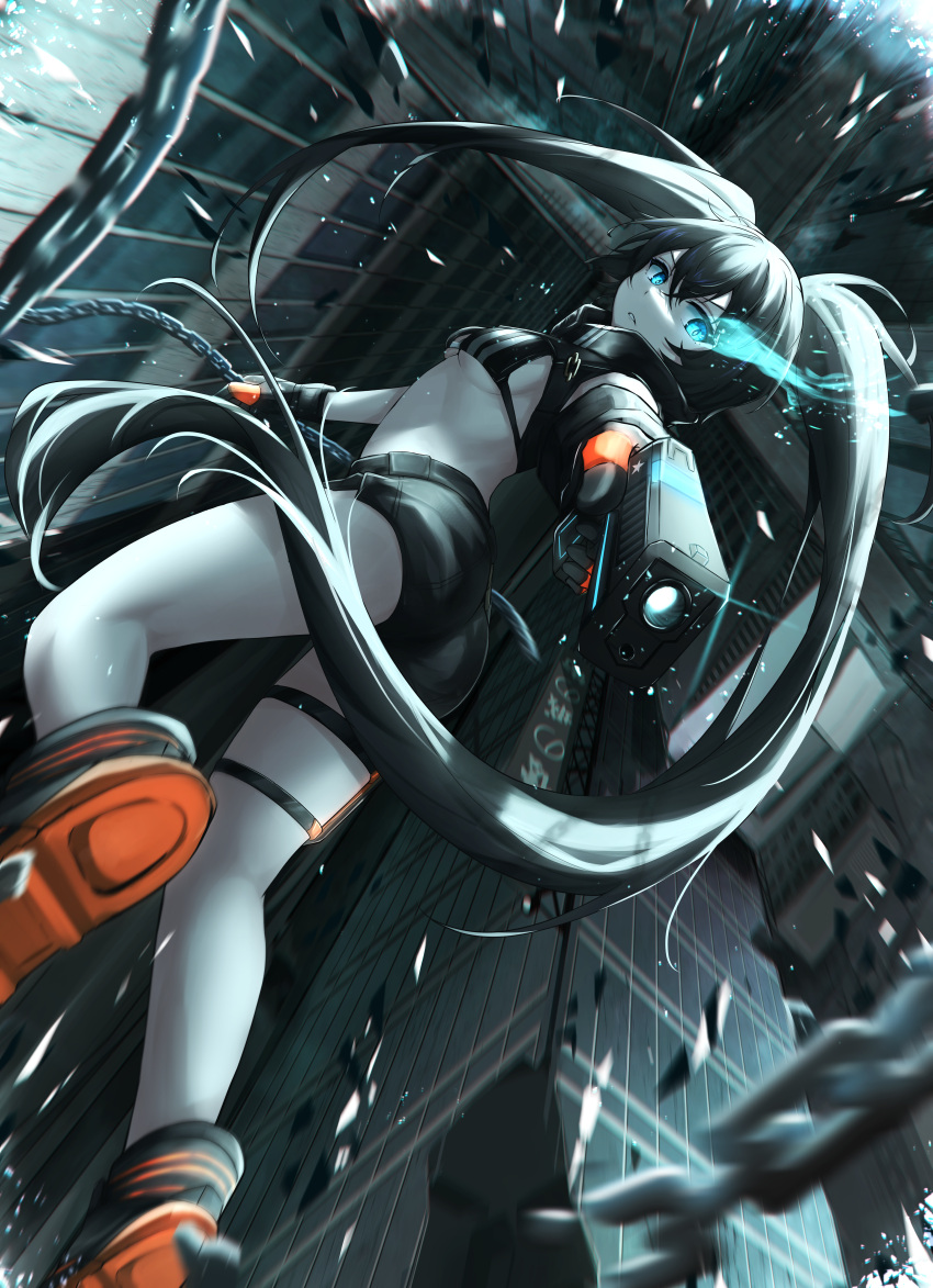 1girl absurdres bikini bikini_top_only black_hair black_rock_shooter black_rock_shooter:_dawn_fall black_rock_shooter_(character) blue_eyes gun highres holding holding_gun holding_weapon long_hair looking_at_viewer shorts solo swimsuit tokyo_(1421) twintails very_long_hair weapon