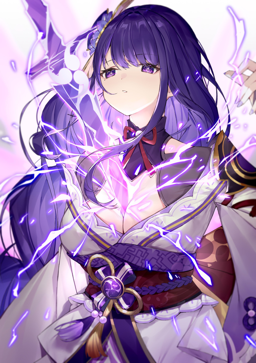 1girl absurdres armor bangs blunt_bangs bow bowtie braid breasts cleavage commentary_request eyebrows_visible_through_hair genshin_impact hair_ornament highres japanese_clothes katana lightning long_hair long_sleeves looking_away low_ponytail mitsudomoe_(shape) obi object_on_breast parted_lips purple_eyes purple_hair raiden_shogun sash shoulder_armor sidelocks simple_background single_braid solo sword tomoe_(symbol) vision_(genshin_impact) weapon wide_sleeves yuia