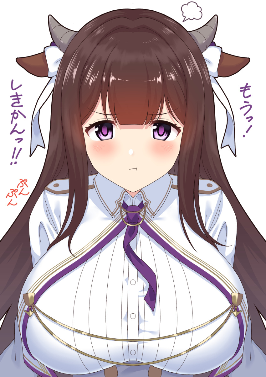 1girl :t animal_ears azur_lane bangs blunt_bangs blush breasts brown_hair closed_mouth collared_jacket commentary_request cow_ears cow_girl cow_horns cropped_jacket dress eyebrows_visible_through_hair hair_ornament highres horns huge_breasts jacket kashino_(azur_lane) long_hair looking_at_viewer military military_uniform necktie partial_commentary perapera pout purple_eyes purple_necktie sidelocks simple_background solo standing translation_request uniform upper_body white_background white_dress white_jacket