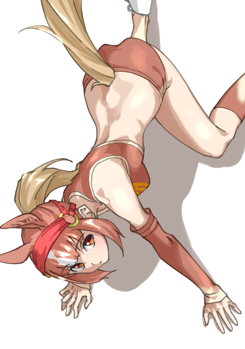 1girl absurdres all_fours animal_ears ass bangs bare_shoulders blonde_hair breasts bridle brown_buruma brown_eyes brown_hair brown_legwear brown_sports_bra buruma chestnut_thoroughbred_(kemono_friends) closed_mouth commentary detached_sleeves extra_ears eyebrows_visible_through_hair from_above highres horse_ears horse_girl horse_tail kemono_friends kneehighs long_hair long_sleeves looking_at_viewer looking_up medium_breasts midriff multicolored_hair ponytail simple_background single_kneehigh solo sports_bra tail tanabe_(fueisei) two-tone_hair white_background