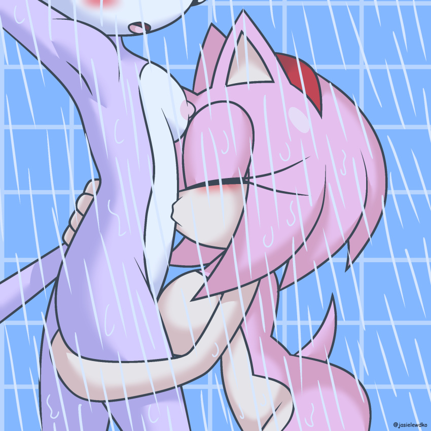 amy_rose anthro blaze_the_cat blush breasts butt domestic_cat duo eulipotyphlan eyes_closed felid feline felis female female/female hair hedgehog hi_res jasienorko kissing_belly mammal nipples nude open_mouth pink_body purple_body sega shower sonic_the_hedgehog_(series) video_games water