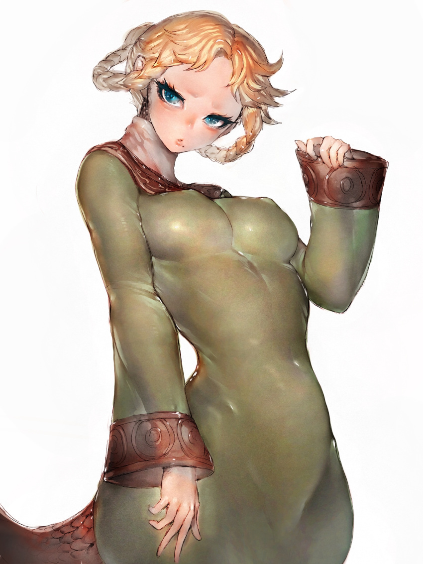 1girl :o blonde_hair breasts covered_nipples dress elden_ring fumio_(rsqkr) green_dress green_eyes hair_rings highres looking_at_viewer looped_braids medium_breasts mole mole_under_mouth no_eyebrows rya_(elden_ring) slouching snake_tail solo tail white_background