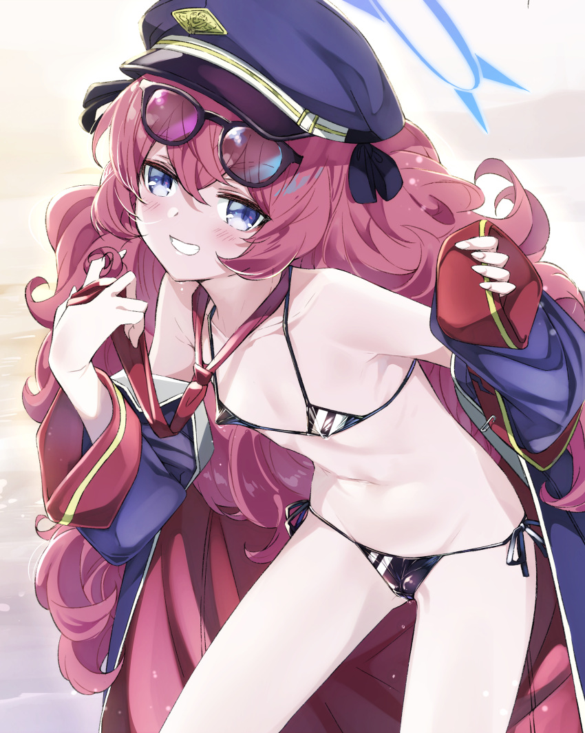 1girl absurdres armband bikini black_bikini blue_archive blush cameltoe covered_nipples eyewear_on_head flat_chest grin groin hair_between_eyes halo hat highres iroha_(blue_archive) jacket long_hair long_sleeves looking_at_viewer micro_bikini military military_hat navel necktie niko_(tama) off_shoulder peaked_cap red_hair red_necktie revision side-tie_bikini smile solo stomach string_bikini swimsuit swimsuit_under_clothes