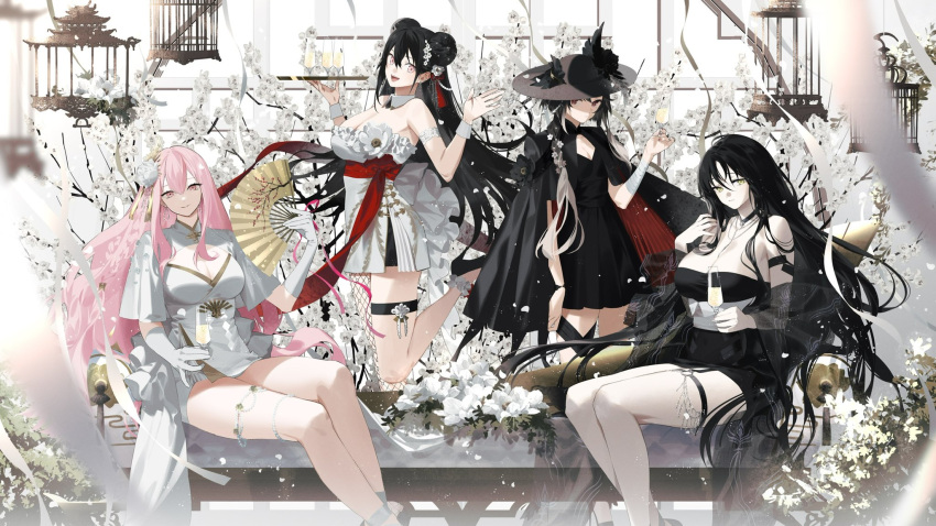 4girls alchemy_stars alternate_costume amemori_(alchemy_stars) bandaged_arm bandages bangs bare_shoulders bench birdcage black_dress black_hair black_headwear blurry blurry_foreground braid braided_ponytail breasts cage champagne_flute choker cleavage cloak closed_mouth cup detached_collar detached_sleeves double_bun dress drinking_glass fishnet_legwear fishnets flower folding_fan gloves hair_bun hair_flower hair_ornament hand_fan hat high_heels highres holding holding_cup holding_fan holding_tray jewelry kayano_(alchemy_stars) kazari_tayu large_breasts long_hair looking_at_viewer multiple_girls necklace open_mouth pink_eyes pink_hair rinne_(alchemy_stars) sash see-through see-through_sleeves short_dress single_leg_pantyhose sitting small_breasts smile standing standing_on_one_leg strapless strapless_dress thigh_strap tray tree white_dress white_gloves wrist_cuffs yao_(alchemy_stars)