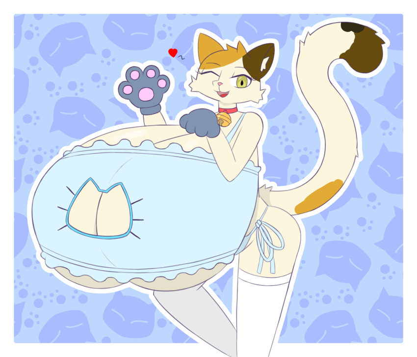 accessory anthro bell bell_collar big_breasts breasts calico_cat clothing collar cosplay domestic_cat felid feline felis female hi_res huge_breasts hyper hyper_breasts looking_at_viewer mammal mottled one_eye_closed piebald solo underwear wafflecat wink