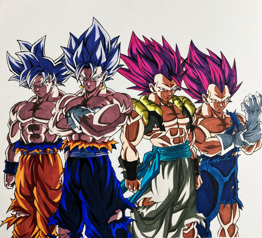 4boys adjusting_clothes adjusting_gloves black_vest black_wristband blue_bodysuit blue_pants blue_sash blue_wristband bodysuit clenched_hands commentary_request crossed_arms dragon_ball dragon_ball_super earrings gloves gogeta grin highres hiro_(udkod1ezlyi2flo) jewelry looking_at_viewer male_focus metamoran_vest multiple_boys muscular muscular_male no_eyebrows orange_pants pants pink_eyes potara_earrings purple_hair sash serious shirt simple_background sketch smile son_goku spiked_hair torn_bodysuit torn_clothes torn_gloves torn_pants torn_shirt torn_vest ultra_ego_(dragon_ball) ultra_instinct v-shaped_eyebrows vegeta vegetto vest white_background white_eyes white_gloves white_hair white_pants