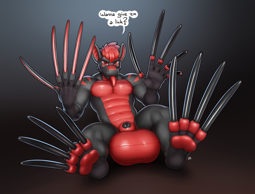 2017 5_fingers animal_genitalia anthro balls big_balls black_body claws dialogue digital_media_(artwork) dragon english_text fingers genitals hair hand_fetish huge_balls long_claws longblueclaw looking_at_viewer male pawpads paws penis penis_tip red_body red_eyes red_hair sheath simple_background sitting solo tapering_tongue text