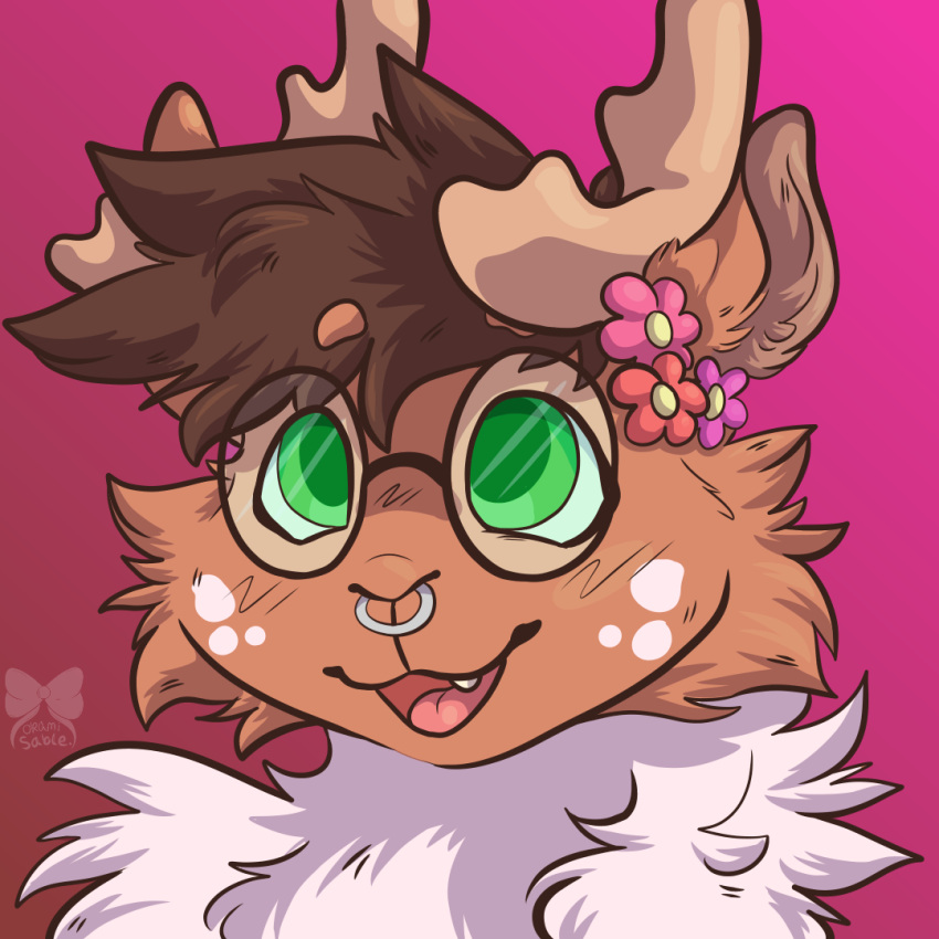 anthro antlers cervid eyewear facial_piercing flowers_in_hair glasses green_eyes horn juriko male mammal neck_tuft nose_piercing pericings piercing solo tuft