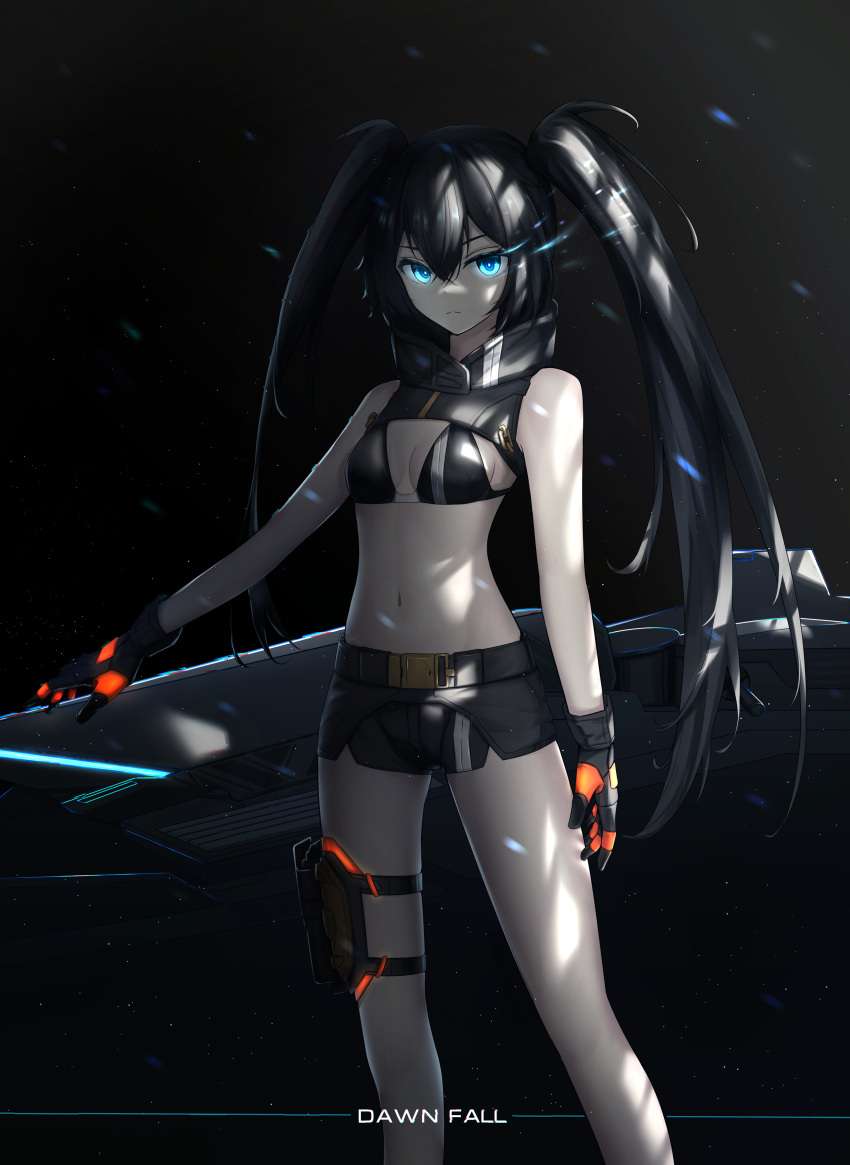 1girl absurdres bikini bikini_top_only black_hair black_rock_shooter black_rock_shooter:_dawn_fall black_rock_shooter_(character) blue_eyes gloves highres long_hair shorts solo standing swimsuit tokyo_(1421) twintails very_long_hair