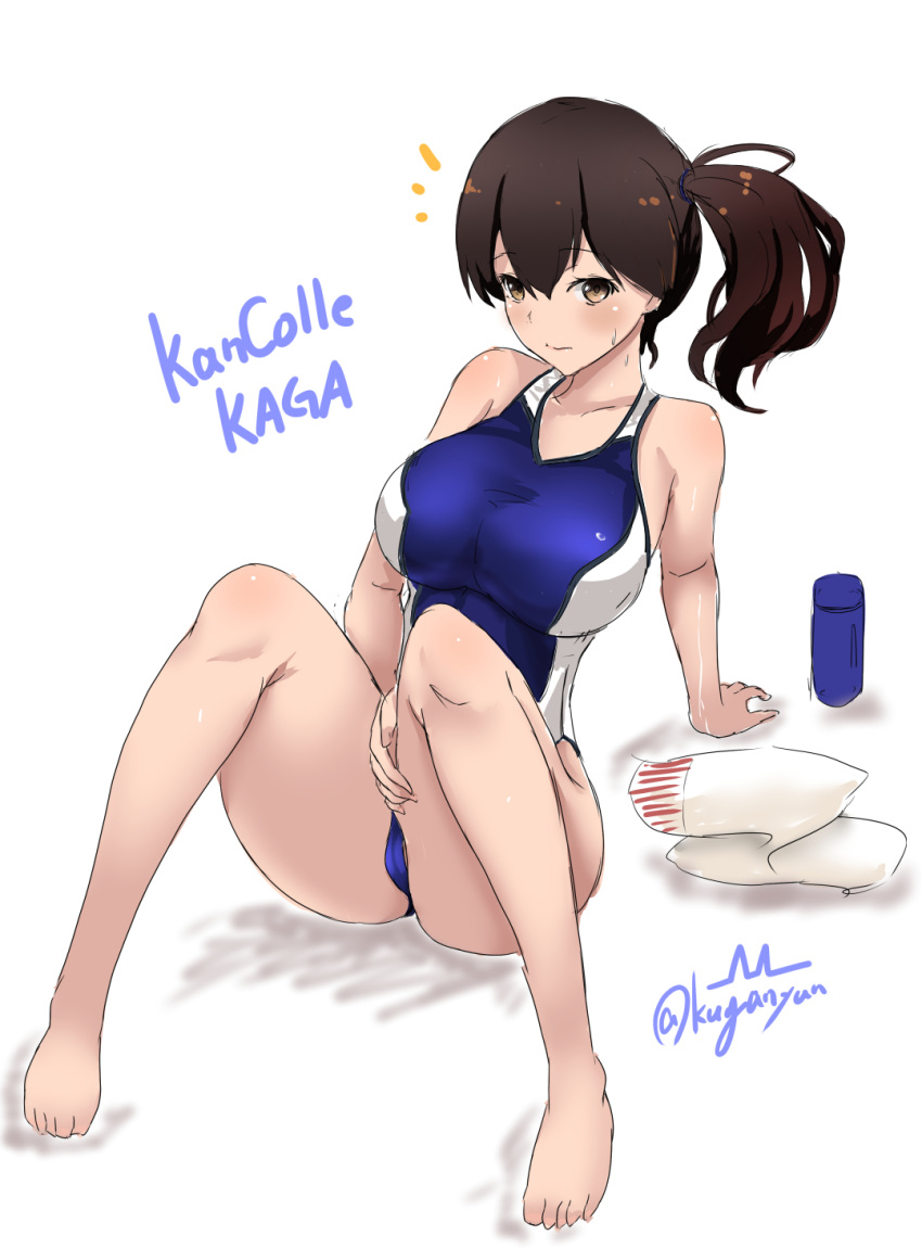 ^^^ barefoot blue_swimsuit breasts brown_eyes brown_hair character_name competition_swimsuit copyright_name highres kaga_(kancolle) kantai_collection kuga_zankurou large_breasts long_hair one-piece_swimsuit scarf side_ponytail simple_background sitting swimsuit thermos towel white_background