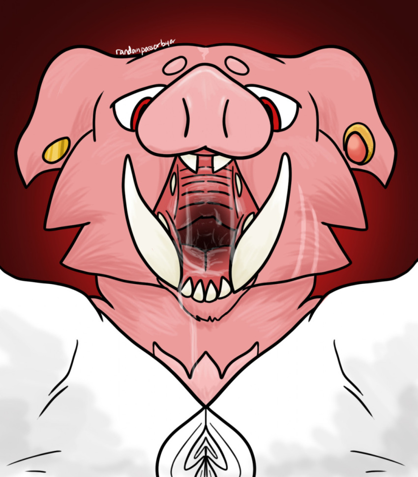 anatomically_correct anthro bodily_fluids clothed clothing domestic_pig drooling excessive_saliva fur hi_res male mammal microsoft minecraft mojang mouth_shot open_mouth piercing piglin pink_body pink_fur randompasserbyer red_eyes saliva solo suid suina sus_(pig) tusks video_games xbox_game_studios