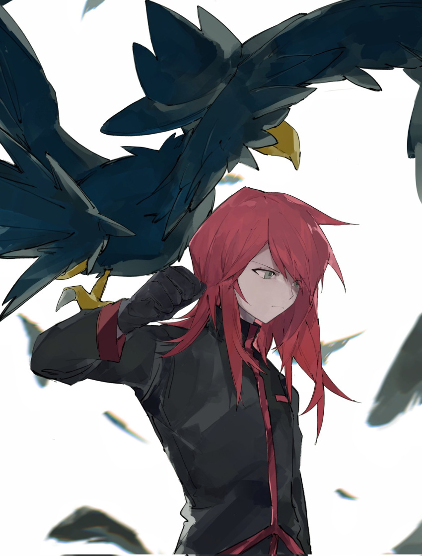 1boy bangs bird black_gloves black_jacket blurry closed_mouth commentary feathers frown gloves grey_eyes hand_up highres jacket long_hair looking_down male_focus murkrow pokemon pokemon_(creature) pokemon_adventures red_hair sakanobo_(sushi1021) silver_(pokemon) upper_body