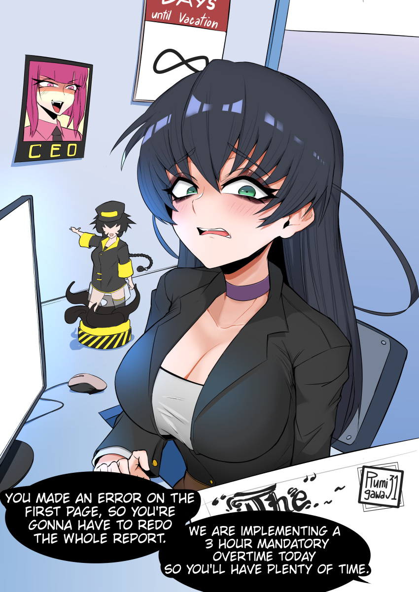 1girl absurdres artist_name bangs black_hair black_jacket breasts choker cleavage collarbone cubicle english_text figure furrowed_brow highres igawa_asagi jacket large_breasts long_hair monitor mouse_(computer) oboro_(taimanin_asagi) office_lady open_mouth photo_(object) rumi_(rumigawa31) sitting solo speech_bubble suit_jacket taimanin_(series) taimanin_asagi upper_body