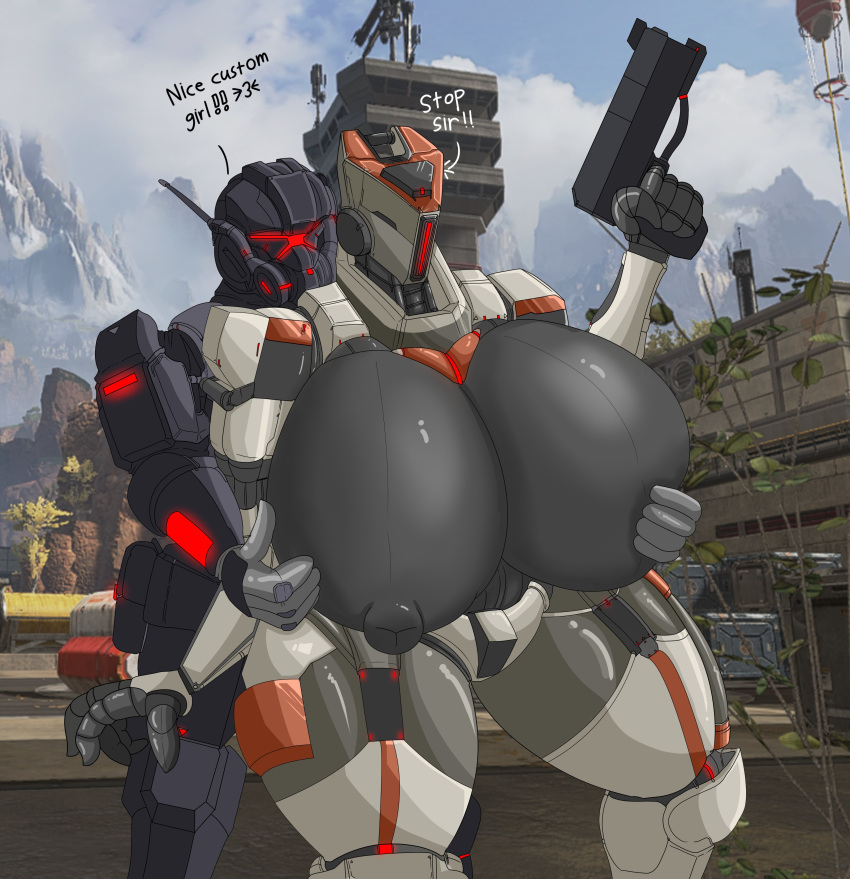 absurd_res armor big_breasts big_nipples breast_grab breast_play breasts clothed clothing detailed_background dialogue duo english_text female gun hand_on_breast hi_res holding_object holding_weapon huge_breasts human humanoid hyper hyper_breasts machine male mammal molestation nipples non-mammal_breasts not_furry outside ranged_weapon robot text thick_thighs vf-01s weapon wide_hips