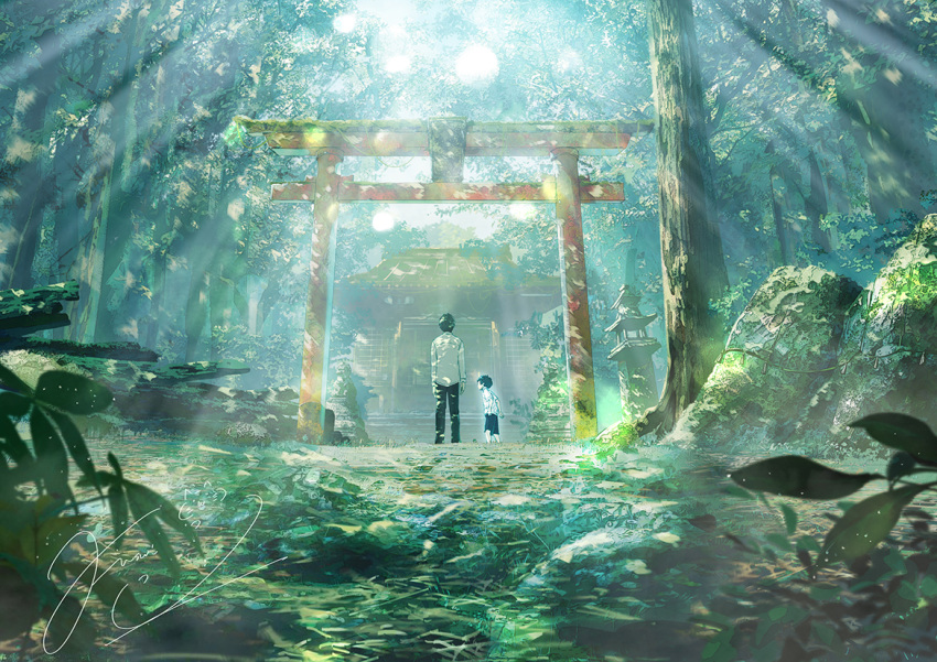 2boys arms_at_sides black_hair black_pants commentary_request dappled_sunlight day facing_away forest from_behind fusui lens_flare light_particles light_rays long_sleeves male_child male_focus multiple_boys nature original outdoors pants plant rock scenery shirt short_hair shrine signature standing stone_lantern sunbeam sunlight torii tree white_shirt wide_shot