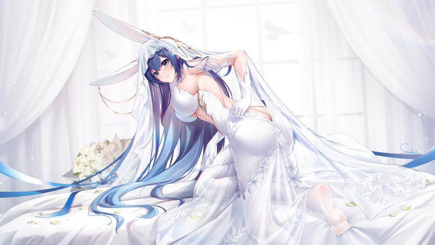 1girl :3 absurdres animal_ears ass azur_lane backless_dress backless_outfit bangs bare_back bare_shoulders blue_eyes blue_hair blue_ribbon blush bouquet breasts bridal_veil butt_crack chinese_commentary cleavage closed_mouth commentary_request curtains dress dutch_angle elbow_gloves eyebrows_behind_hair fake_animal_ears flower gloves hair_between_eyes hand_on_hip hand_on_own_thigh highres indoors kneeling large_breasts long_hair looking_at_viewer new_jersey_(azur_lane) new_jersey_(snow-white_ceremony)_(azur_lane) official_alternate_costume on_bed rabbit_ears ribbon rose see-through sideboob sidelocks signature smile solo stardust_(chen'ai_weiding) strapless strapless_dress veil very_long_hair wedding_dress white_dress white_flower white_gloves white_legwear white_rose window