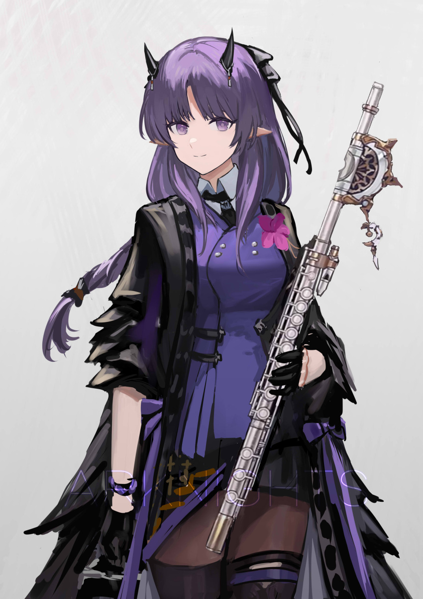 1girl absurdres arknights bangs black_hair black_necktie breasts collared_shirt copyright_name demon_horns flower flute gloves half_gloves hibiscus_(arknights) hibiscus_the_purifier_(arknights) highres holding holding_instrument horns instrument jacket long_hair long_sleeves medium_breasts necktie open_clothes open_jacket orlijiang pantyhose pointy_ears purple_eyes purple_hair shirt simple_background skirt solo thighhighs white_background