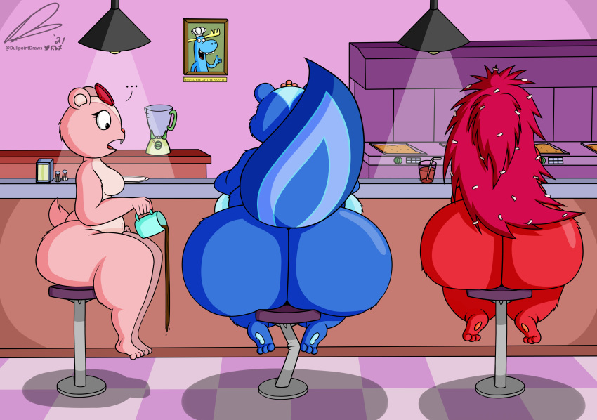 ... 2021 3_toes absurd_res anthro appliance bar beverage big_butt blender_(machine) blue_body blue_fur breasts butt chipmunk coffee coffee_mug digital_drawing_(artwork) digital_media_(artwork) dullpoint featureless_breasts feet female flaky_(htf) fur giggles_(htf) ground_squirrel hair happy_tree_friends hi_res huge_butt kitchen_appliance lumpy_(htf) mammal mephitid nude open_mouth overweight overweight_anthro overweight_female petunia_(htf) pink_body pink_fur porcupine raised_tail rear_view red_body red_fur red_hair restaurant rodent sciurid signature skunk spilled_drink thick_thighs toes wide_hips