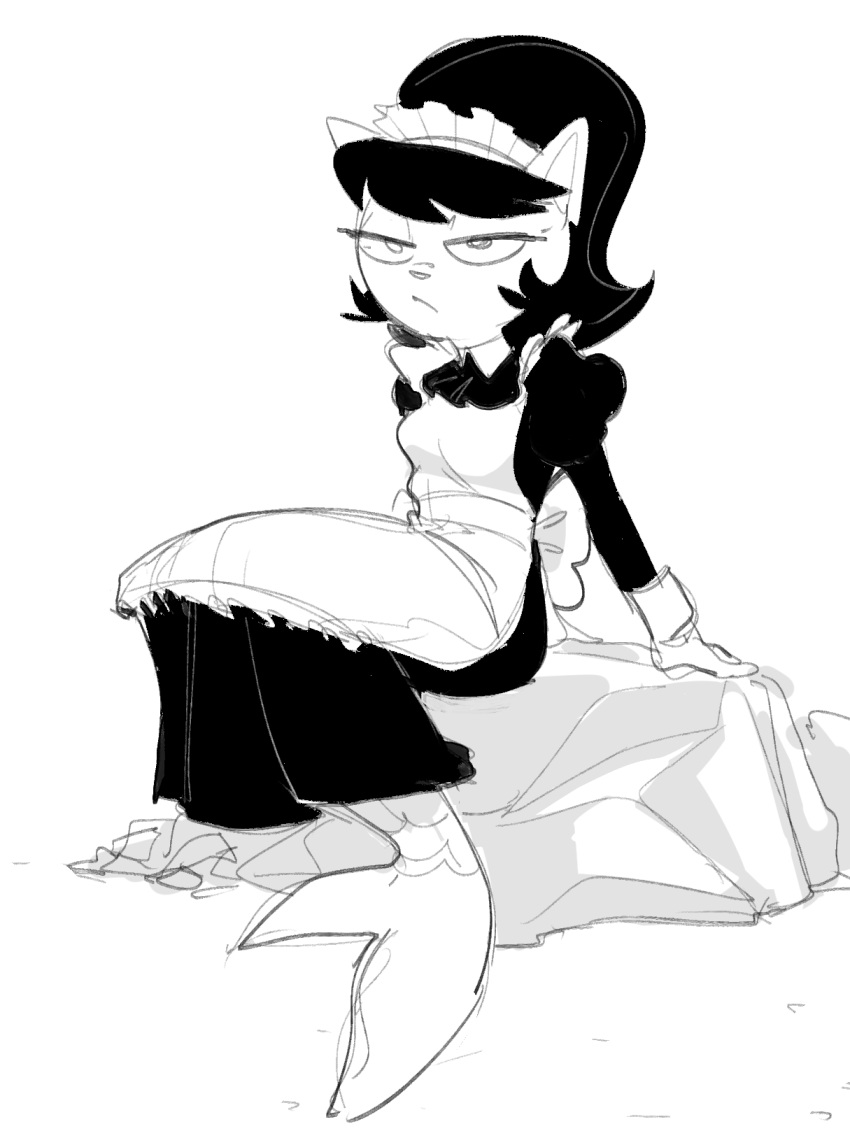 2022 anthro black_and_white black_hair clothing dbaru domestic_cat felid feline felis female hair hi_res kitty_katswell maid_uniform mammal marine merfolk mermaid_tail mermaidification monochrome nickelodeon rock sitting solo split_form t.u.f.f._puppy uniform