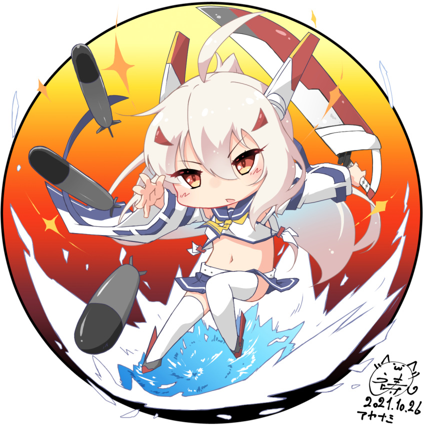 1girl ahoge ascot ayanami_(azur_lane) azur_lane bangs belt blue_skirt chibi commentary_request dated detached_sleeves eyebrows_visible_through_hair full_body greatsword hair_between_eyes headgear highres holding holding_sword holding_weapon inori_(xyz5568) light_brown_hair long_hair long_sleeves looking_at_viewer navel orange_eyes pleated_skirt ponytail retrofit_(azur_lane) ribbon-trimmed_sleeves ribbon_trim school_uniform serafuku sidelocks signature skirt solo standing standing_on_one_leg stomach sword torpedo weapon white_legwear wide_sleeves zettai_ryouiki