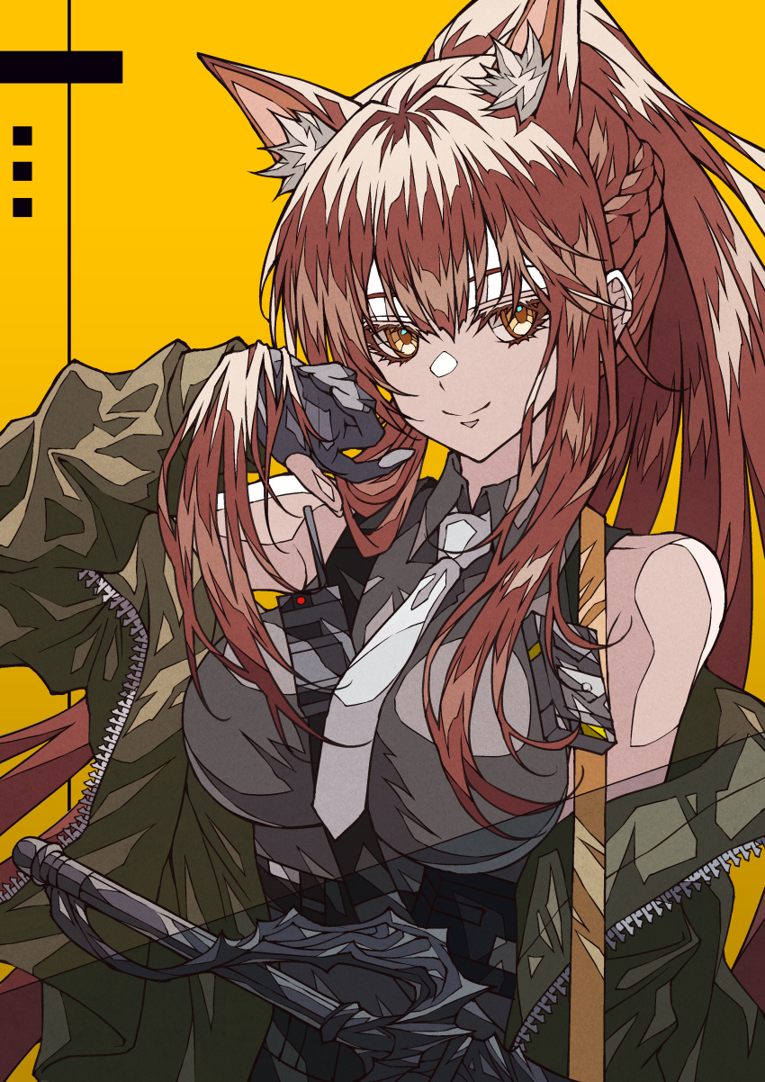 1girl absurdres animal_ear_fluff animal_ears arknights arm_up bare_shoulders black_gloves black_shirt braid breasts brown_eyes brown_hair brown_jacket closed_mouth collared_shirt eyelashes fox_ears franka_(arknights) gloves highres jacket large_breasts long_sleeves looking_at_viewer necktie off_shoulder open_clothes open_jacket partially_fingerless_gloves ponytail sheath sheathed shirt shokikanes sidelocks simple_background smile solo sword underbust unzipped upper_body weapon white_necktie yellow_background