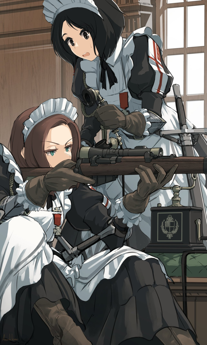 2girls apron aqua_eyes artist_name asterisk_kome black_eyes black_hair boots brown_footwear brown_gloves brown_hair commentary_request frilled_gloves frills gloves gun highres holding holding_gun holding_phone holding_weapon maid maid_apron maid_headdress military multiple_girls open_mouth original phone puffy_sleeves rifle short_hair sniper_rifle trigger_discipline weapon