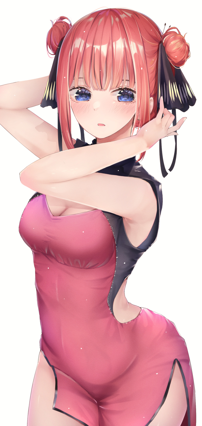 1girl absurdres alternate_costume arms_up bangs blue_eyes blunt_bangs blush breasts china_dress chinese_clothes cleavage clothing_cutout double_bun dress go-toubun_no_hanayome hair_bun hair_ribbon highres looking_at_viewer medium_breasts nakano_nino parted_lips red_hair ribbon short_dress short_hair side_slit simple_background solo tight tight_dress white_background yuunamida_uyu