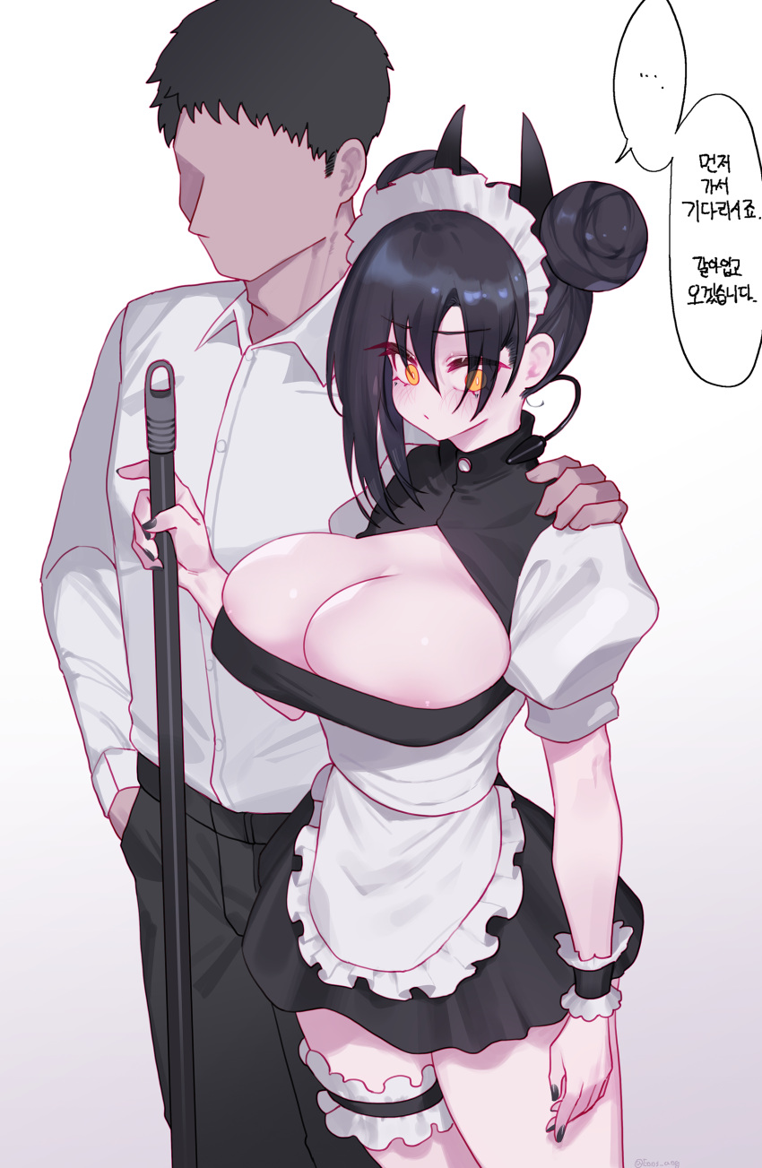 ... 1boy 1girl absurdres agent_(girls'_frontline) apron black_hair black_nails black_pants blush breasts cleavage commander_(girls'_frontline) double_bun dress eonsang faceless faceless_male girls'_frontline hair_between_eyes hair_bun hand_in_pocket hand_on_another's_shoulder highres korean_text large_breasts leg_garter maid_headdress nail_polish pants puffy_sleeves shirt solo_focus speech_bubble spoken_ellipsis standing translation_request waist_apron white_apron white_shirt wrist_cuffs yellow_eyes