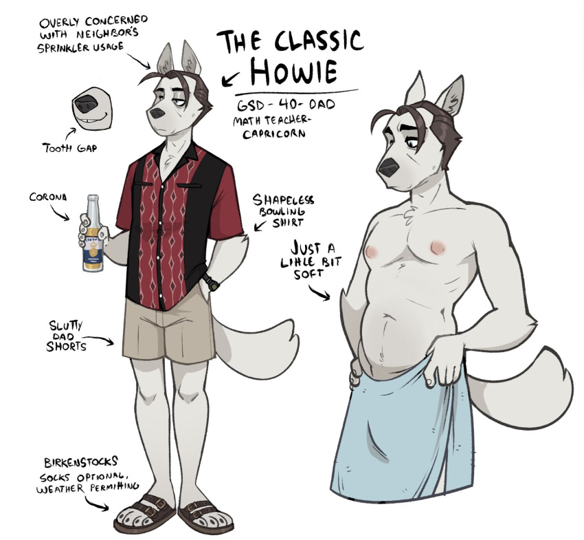 alcohol anthro beer beverage bowling_shirt brown_hair cadaverrdog canid canine canis chest_tuft clothing corona_(beer) domestic_dog duo elbow_tuft elbow_tufts footwear fur hair half-closed_eyes hi_res howie_(cadaverrdog) inner_ear_fluff khaki_shorts male mammal model_sheet muscle_tone musclegut muscular muscular_anthro muscular_male narrowed_eyes pecs sandals simple_background simple_eyes tooth_gap towel towel_around_waist towel_only tuft white_background white_body white_fur