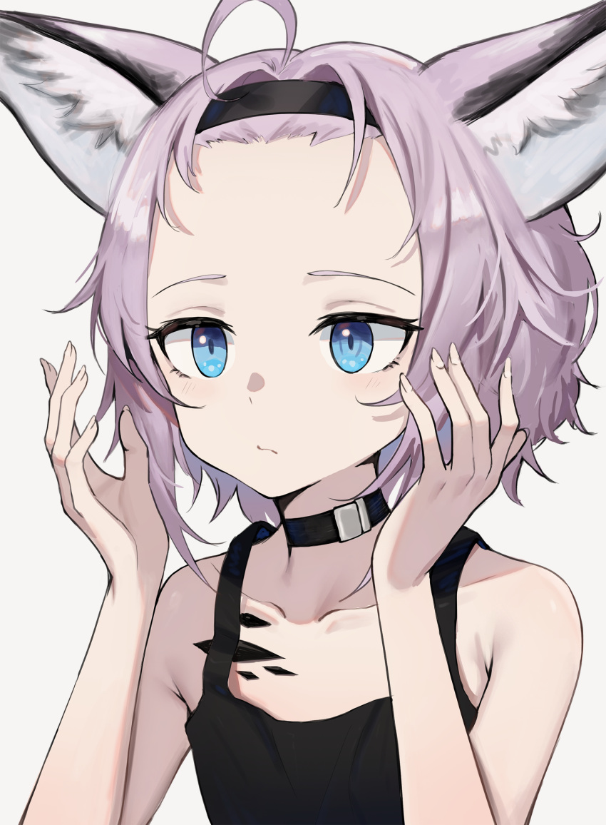 1girl absurdres aer7o alternate_hairstyle animal_ear_fluff animal_ears arknights bare_arms bare_shoulders black_choker black_hairband black_tank_top blue_eyes choker closed_mouth collarbone forehead fox_ears grey_background hairband hands_up highres looking_away oripathy_lesion_(arknights) purple_hair simple_background solo sussurro_(arknights) tank_top upper_body