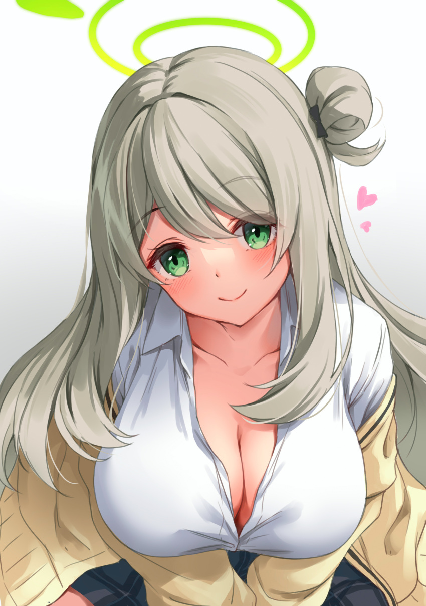 1girl absurdres awa_yume blue_archive blush breasts cleavage closed_mouth clothes_around_waist collarbone green_eyes grey_skirt hair_bun halo highres jacket jacket_around_waist large_breasts light_brown_hair long_hair looking_at_viewer nonomi_(blue_archive) open_clothes open_shirt shirt single_side_bun skirt smile solo white_shirt
