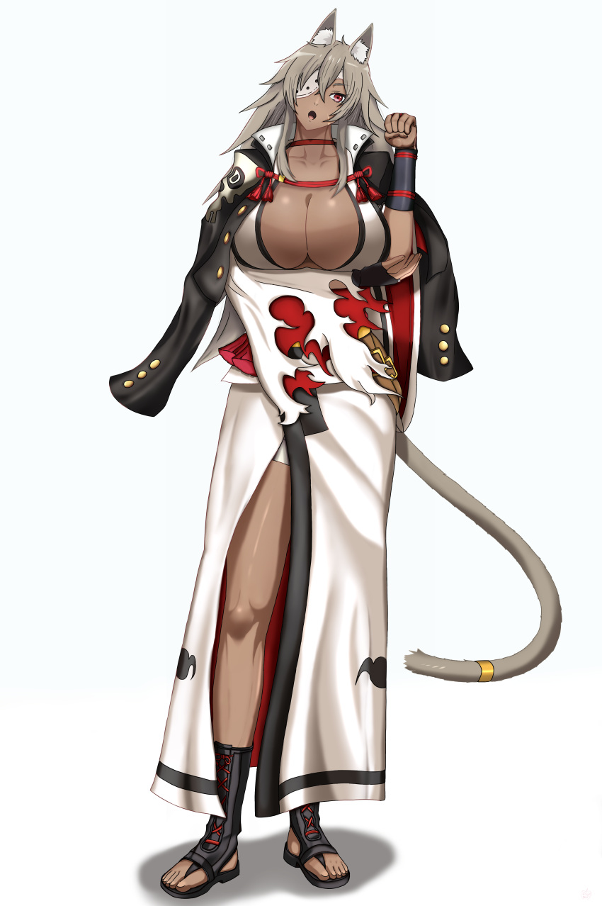 1girl :o absurdres animal_ear_fluff animal_ears arm_under_breasts baiken baiken_(cosplay) bangs black_jacket black_kimono breasts cat_ears cat_tail choker cleavage clenched_hand collarbone commentary_request cosplay dark-skinned_female dark_skin eyebrows_visible_through_hair eyepatch full_body ghislaine_dedoldia guilty_gear hair_between_eyes hand_up head_tilt highres jacket jacket_on_shoulders japanese_clothes kataginu kimono large_breasts long_hair looking_at_viewer multicolored_clothes multicolored_kimono mushoku_tensei no5nefu_jiapple open_clothes open_kimono open_mouth partial_commentary red_choker red_eyes sandals scar scar_on_cheek scar_on_face shadow sidelocks simple_background solo standing tail tail_ornament tail_ring torn_sleeve white_background white_kimono