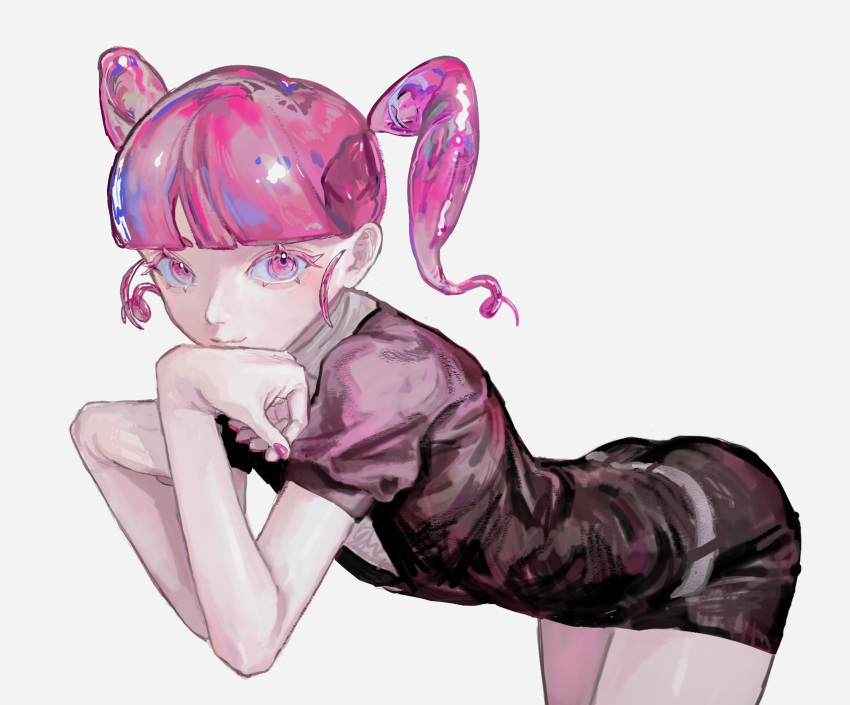 1girl bangs belt bent_over black_shirt black_shorts blunt_bangs eyebrows_behind_hair gem_uniform_(houseki_no_kuni) hands_up highres houseki_no_kuni looking_at_viewer nail_polish o_haruru_oekaki pink_eyes pink_hair puffy_short_sleeves puffy_sleeves red_beryl_(houseki_no_kuni) shirt short_hair short_shorts short_sleeves shorts simple_background solo twintails uniform white_background white_shirt