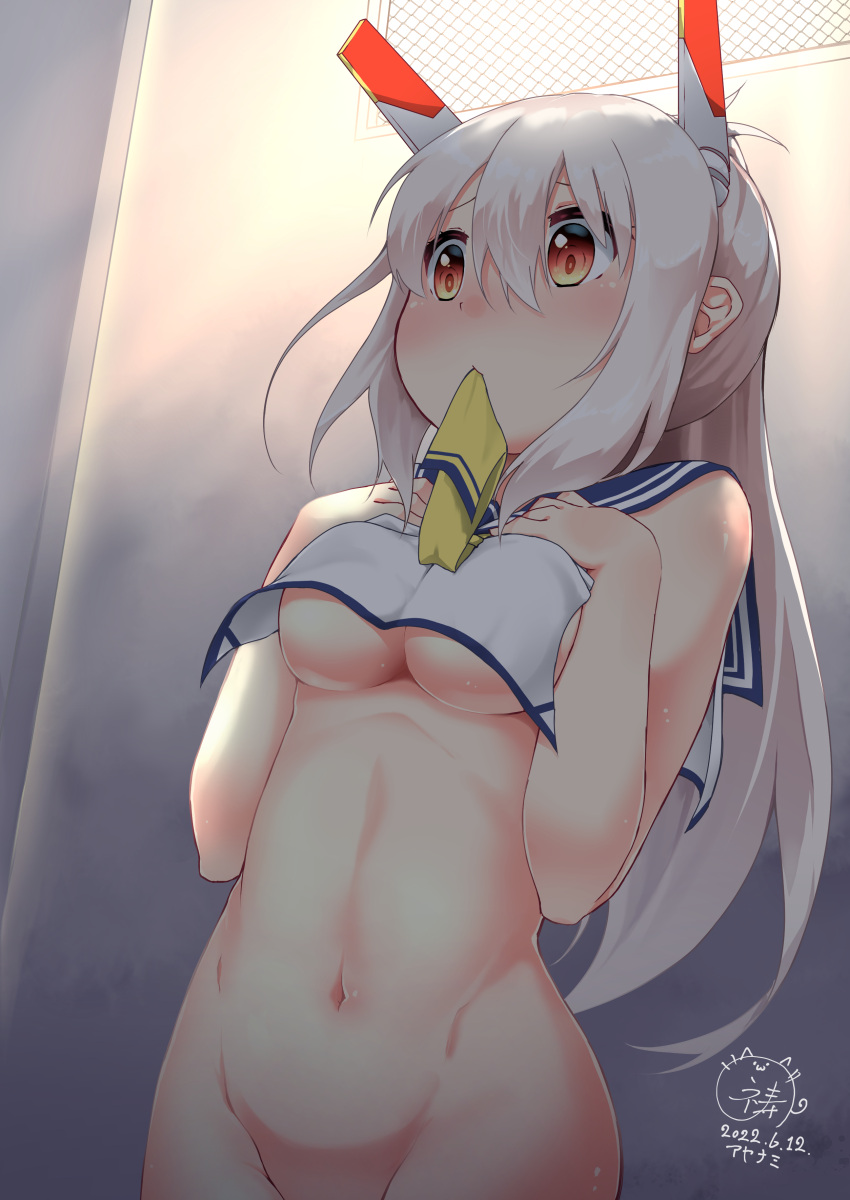 1girl absurdres ascot ayanami_(azur_lane) azur_lane bangs blush bottomless breasts commentary_request eyebrows_visible_through_hair grey_hair groin hair_between_eyes hair_ornament hairclip headgear highres inori_(xyz5568) long_hair long_sleeves looking_away mouth_hold navel no_pants orange_eyes ponytail retrofit_(azur_lane) school_uniform serafuku sidelocks signature simple_background sleeveless solo stomach underboob