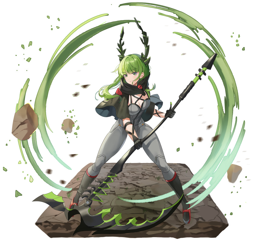 02bear20 1girl absurdres black_rock_shooter black_rock_shooter:_dawn_fall breasts cleavage dead_master full_body green_eyes green_hair highres holding holding_scythe long_hair scythe solo