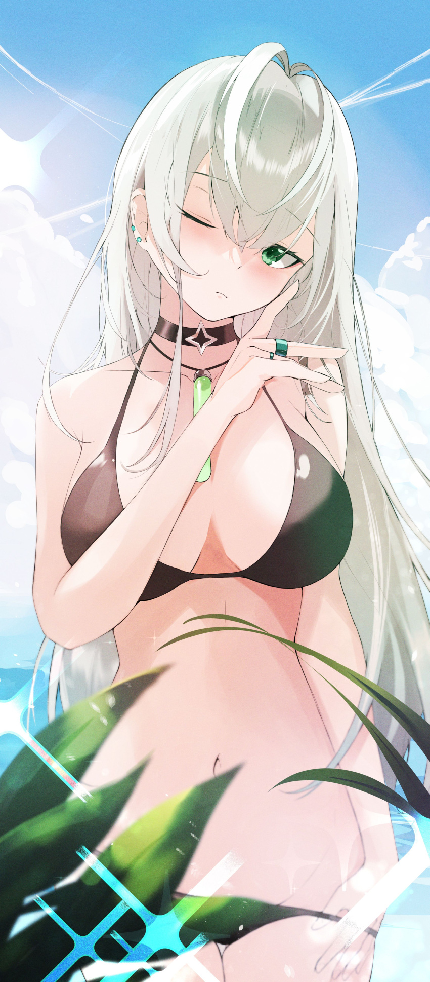 1girl absurdres antenna_hair bare_arms bare_shoulders bikini black_bikini black_choker breasts choker cleavage closed_mouth collarbone commission cowboy_shot day green_eyes halter_top halterneck hand_up highres jewelry kooemong large_breasts leaf long_hair looking_at_viewer lowleg lowleg_bikini navel necklace one_eye_closed original outdoors ring second-party_source solo standing stomach string_bikini swimsuit thigh_gap very_long_hair white_hair